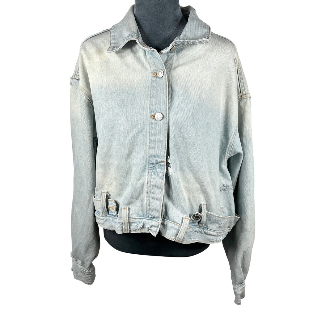 Zara TRF Ripped Denim Jacket M Light Distressed Oversized Jean Waistband Y2K